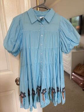 QUEEN OF SPARKLES Light Blue Tiered Puff Sleeve Dress with Floral Trim